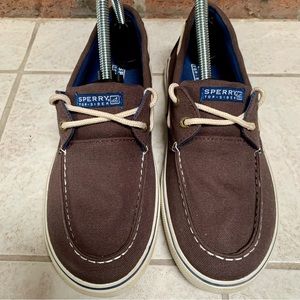Youth Sperry Top Sider Halyard Brown Canvas Lace Shoes size 4.5